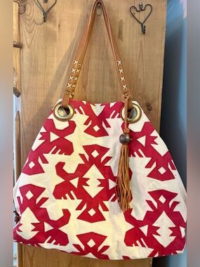 Lucky Brand Vintage Aztec Canvas Tote Shoulder Bag Red Cream Leather Strap Boho